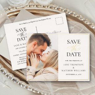 Invitación Postal Con Relieve Metalizado Elegante guión y matrimonio fotográfico salvar la 