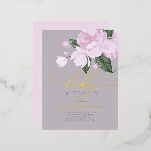 Invitación Postal Con Relieve Metalizado Elegante Lavanda Gris Floral Bebé en ducha de flor