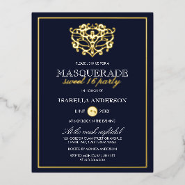 Invitación Postal Con Relieve Metalizado Elegante Marina Azul y Mascarada de Oro Dulce 16 F