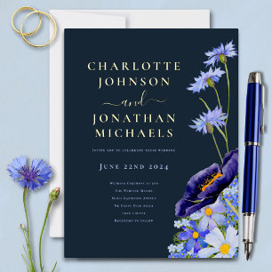Invitación Postal Con Relieve Metalizado Elegante Marina Floral Azul y Oro
