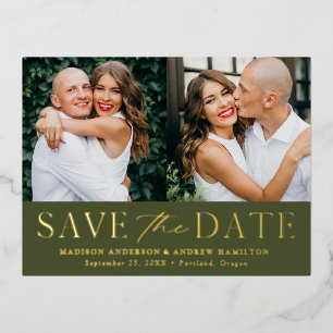 Invitación Postal Con Relieve Metalizado Elegante Moderno Verde Oliva 2 Fotos Save the Date