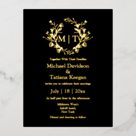 Invitación Postal Con Relieve Metalizado elegante monograma botánico de boda en negro y dor