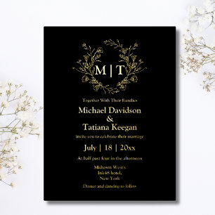 Invitación Postal Con Relieve Metalizado elegante monograma botánico de boda en negro y dor