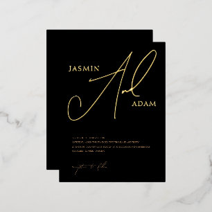 Invitación Postal Con Relieve Metalizado Elegante Monograma de Escritura en Oro Negro para 