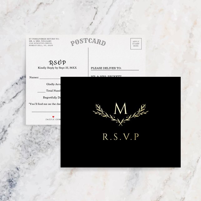 Invitación Postal Con Relieve Metalizado Elegante Monograma Wreath Wedding RSVP Real (Subido por el creador)