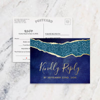Elegante Navy Blue Agate Wedding RSVP Real
