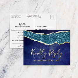 Invitación Postal Con Relieve Metalizado Elegante Navy Blue Agate Wedding RSVP Real