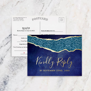 Invitación Postal Con Relieve Metalizado Elegante Navy Blue Agate Wedding RSVP Real