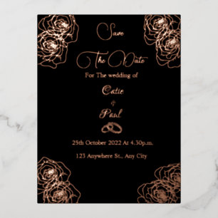 Invitación Postal Con Relieve Metalizado Elegante negro y oro rosa Guardar la fecha