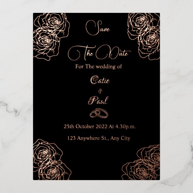 Invitación Postal Con Relieve Metalizado Elegante negro y oro rosa Guardar la fecha (Anverso)