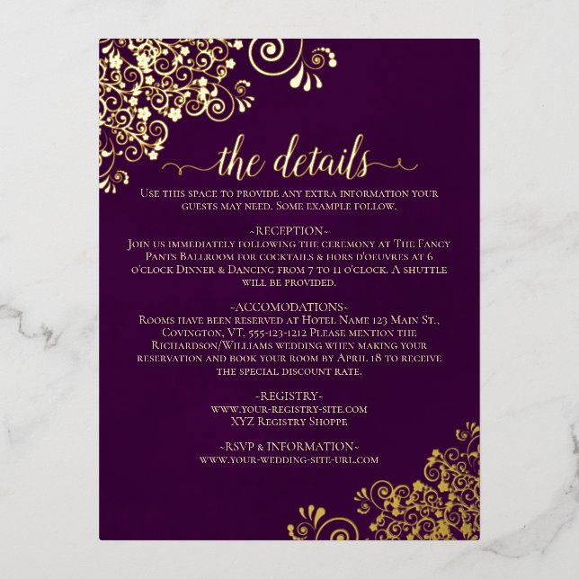 Invitación Postal Con Relieve Metalizado Elegante Plum Purple Relieve metalizado dorado Bod (Anverso)