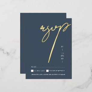 Invitación Postal Con Relieve Metalizado Elegante respuesta de boda en azul pizarra y hoja