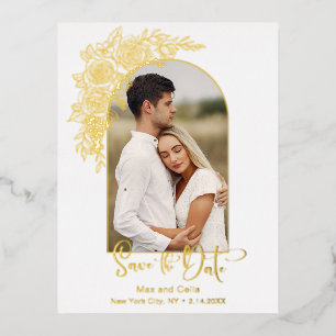 Invitación Postal Con Relieve Metalizado Elegante rosa dibujada a mano en oro Foto Save the