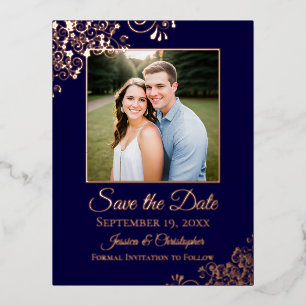 Invitación Postal Con Relieve Metalizado Elegante rosa dorado sobre foto de Navy Save the D