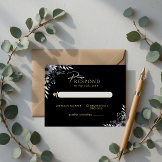 Invitación Postal Con Relieve Metalizado Elegante RSVP de Boda Floral Minimalista Negro