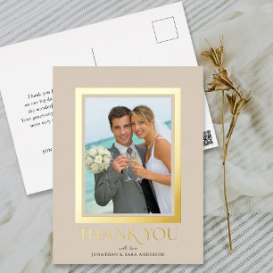Invitación Postal Con Relieve Metalizado Elegante Tipografía Foto Boda Agradecimiento Oro