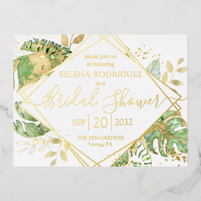 Invitación Postal Con Relieve Metalizado Elegante Tropical Bridal Shower Gold (Anverso)