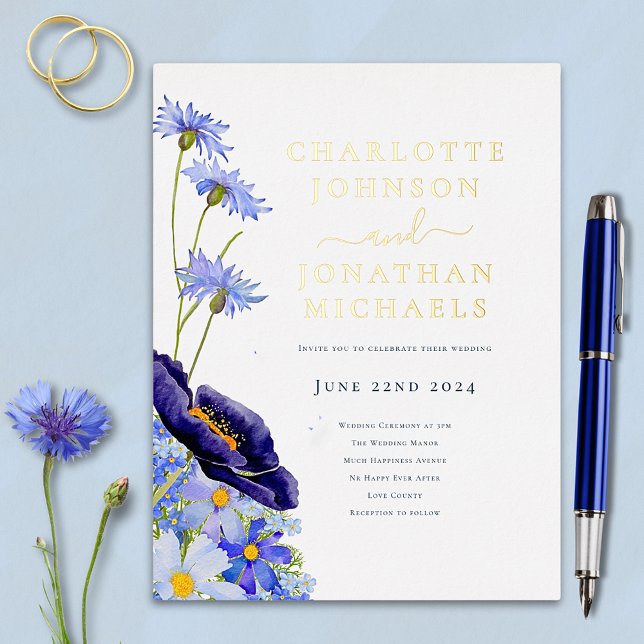 Invitación Postal Con Relieve Metalizado Elegante verano Floral Azul y Oro (Elegant blue wildflower gold foil wedding invitation summer floral watercolor )