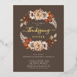 Invitación Postal Con Relieve Metalizado Elegantes Hojas de Otoño Cena de Acción de Gracias