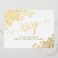 Elegantes riberas de oro en el RSVP de la boda bla