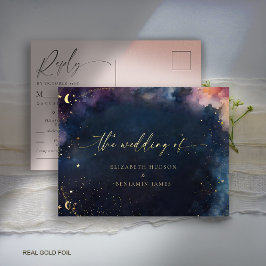 Invitación Postal Con Relieve Metalizado Estrella celeste Boda azul medianoche respuesta de
