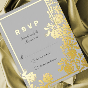 Invitación Postal Con Relieve Metalizado Eterna elegancia Gris y Floral Oro RSVP