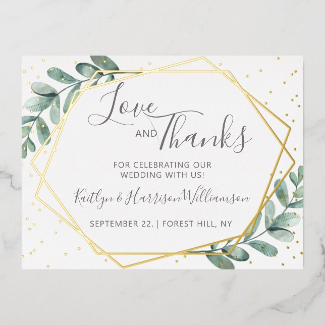 Invitación Postal Con Relieve Metalizado Eucalyptus Geometric Boda Gracias Real (Anverso)
