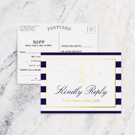 Invitación Postal Con Relieve Metalizado Faro Náutico Boda RSVP Real