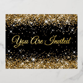 Invitación Postal Con Relieve Metalizado Faux Gold Purpurina en Black 40th Birthday