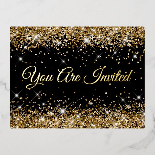 Invitación Postal Con Relieve Metalizado Faux Gold Purpurina en Black 40th Birthday (Anverso)