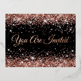 Invitación Postal Con Relieve Metalizado Faux Rosa Gold Purpurina en Black 40th Birthday