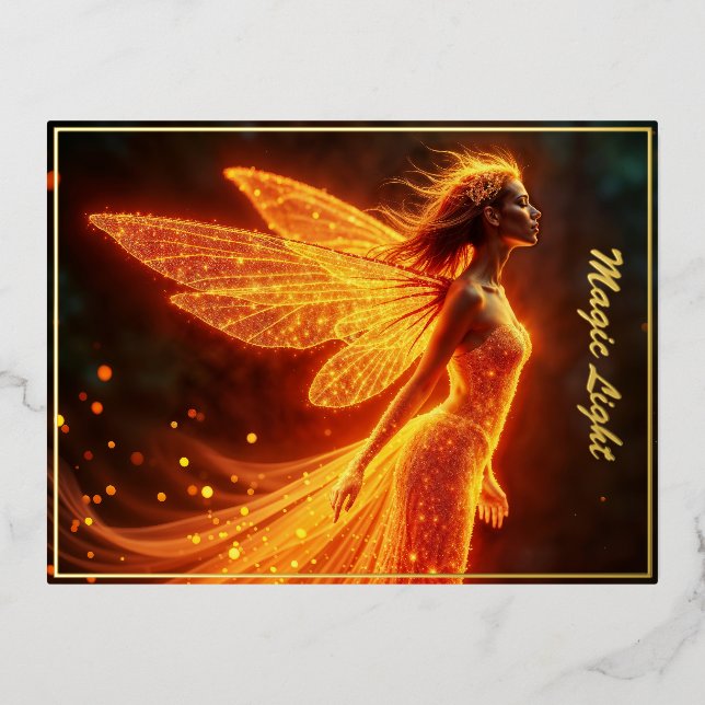 Invitación Postal Con Relieve Metalizado Fiery hada chica alas rojas brillantes lindo neón  (Anverso)