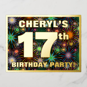 Invitación Postal Con Relieve Metalizado Fiesta de cumpleaños 17: Fuegos artificiales audac