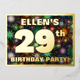 Invitación Postal Con Relieve Metalizado Fiesta de cumpleaños 29: Fuegos artificiales audac