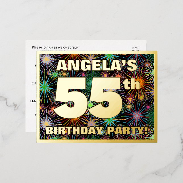 Invitación Postal Con Relieve Metalizado Fiesta de cumpleaños 55: Fuegos artificiales audac (Anverso/Reverso)