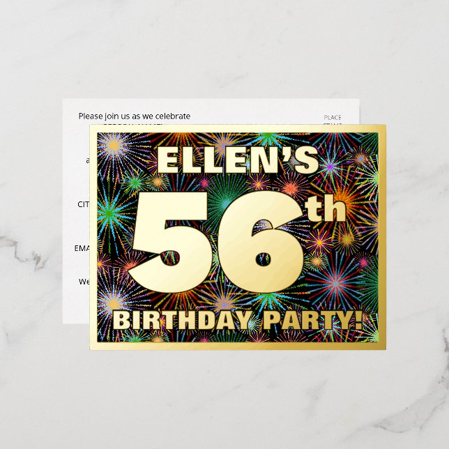 Invitación Postal Con Relieve Metalizado Fiesta de cumpleaños 56: Fuegos artificiales audac (Anverso/Reverso)