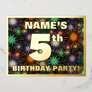 Invitación Postal Con Relieve Metalizado Fiesta de cumpleaños 5: Fuegos artificiales audace