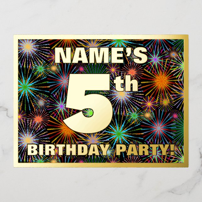 Invitación Postal Con Relieve Metalizado Fiesta de cumpleaños 5: Fuegos artificiales audace (Anverso)