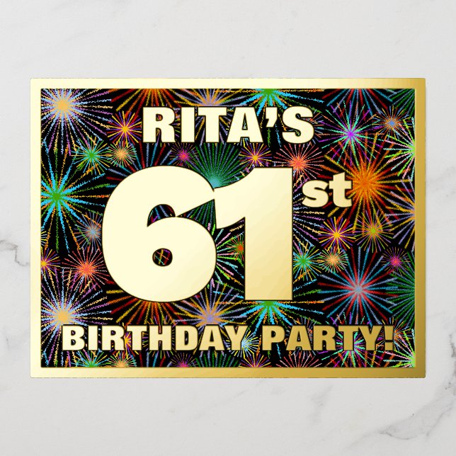 Invitación Postal Con Relieve Metalizado Fiesta de cumpleaños 61: aspecto de fuegos artific (Anverso)