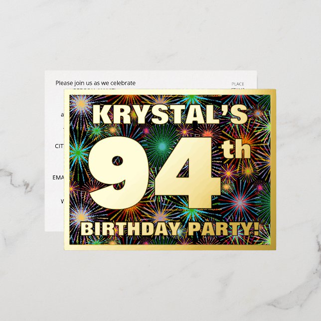 Invitación Postal Con Relieve Metalizado Fiesta de cumpleaños 94: Fuegos artificiales audac (Anverso/Reverso)