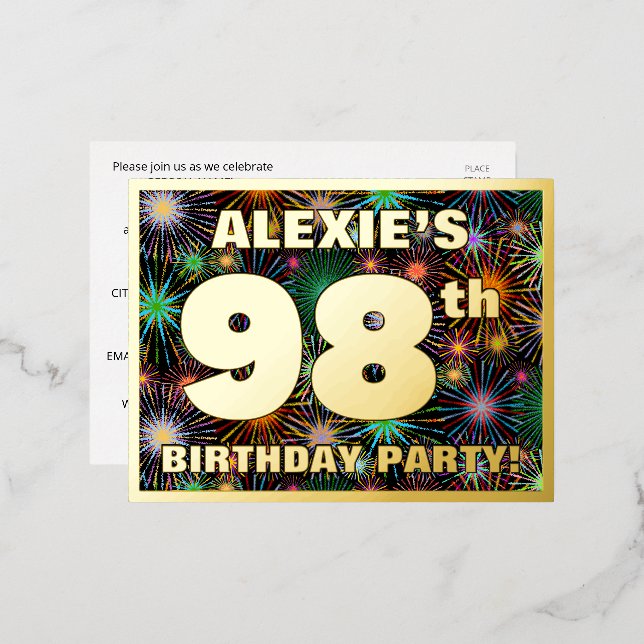 Invitación Postal Con Relieve Metalizado Fiesta de cumpleaños 98: Fuegos artificiales audac (Anverso/Reverso)