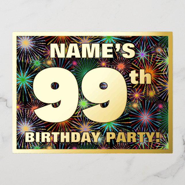Invitación Postal Con Relieve Metalizado Fiesta de cumpleaños 99: Fuegos artificiales audac (Anverso)