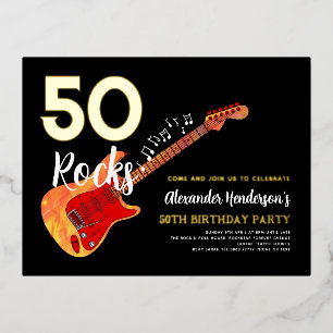 Invitación Postal Con Relieve Metalizado Fiesta de Cumpleaños número 50 Rock and Roll Hojal
