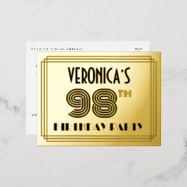 Invitación Postal Con Relieve Metalizado Fiesta de Cumpleaños número 98 ~ Estilo Art Deco “