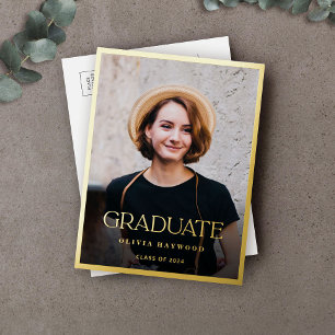 Invitación Postal Con Relieve Metalizado Fiesta de Graduación de Oro de Fotografía Simple Y