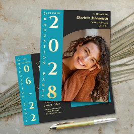 Invitación Postal Con Relieve Metalizado Fiesta de Graduación Moderna Carbón Turquesa