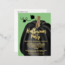 Invitación Postal Con Relieve Metalizado Fiesta de Halloween de la Calabaza de Oro Verde