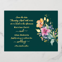 Invitación Postal Con Relieve Metalizado Flores Amarillas De Color Rosa Peach Guardan La Ta