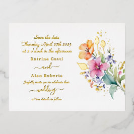 Invitación Postal Con Relieve Metalizado Flores Amarillas De Color Rosa Peach Guardan La Ta