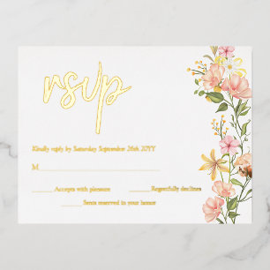 Invitación Postal Con Relieve Metalizado Flores amarillas florales rosadas RSVP Real Gold